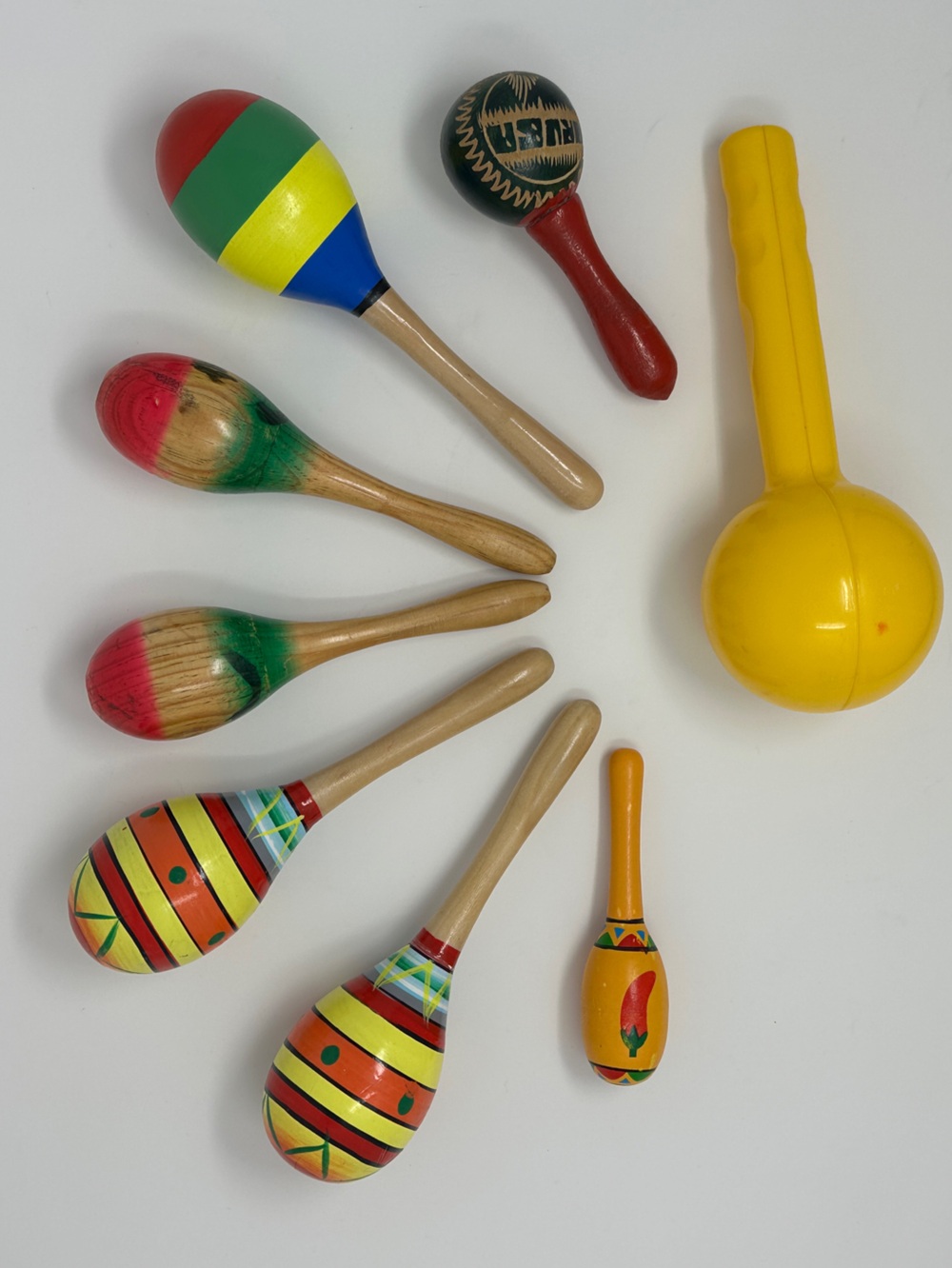 Colorful Kids Maracas Set - 8 maracas. 7 wood 1 plastic